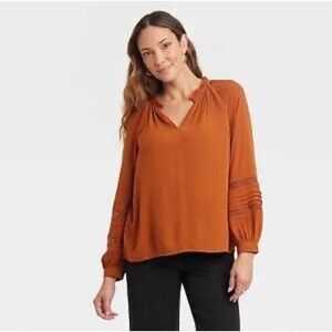 Knox Rose Blouse Women's XL Long Sleeve Lace Top Shirt Brown Burnt Orange
